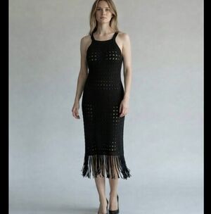 House Of Harlow Black Eyelet Crochet Fringe Midi Strappy Stretchy Dress Sz M